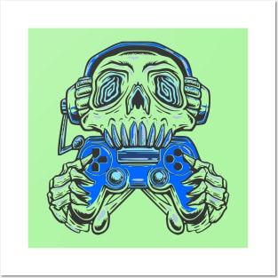 A skull gamer holding a blue joystick controller and wearing headphone. Posters and Art